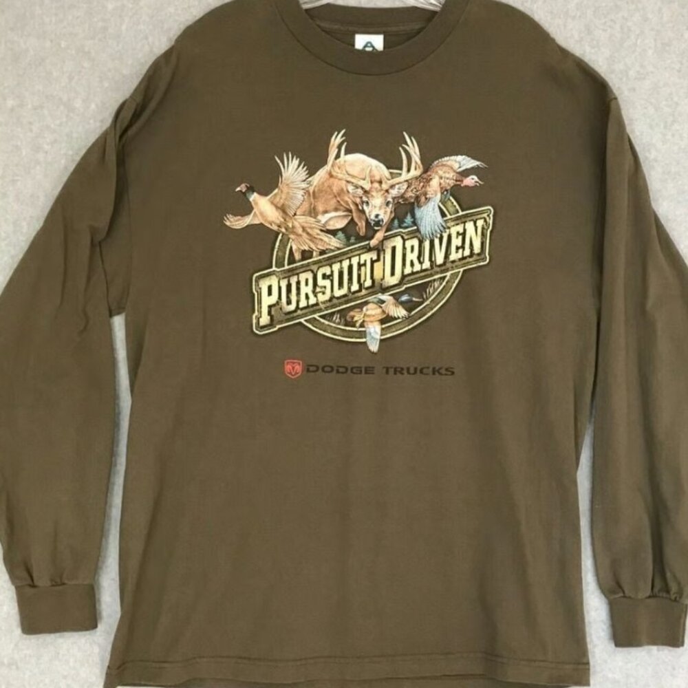 Vintage Dodge Truck Shirt Mens XL Green Long Sleeve Pullover Hunting Deer Birds